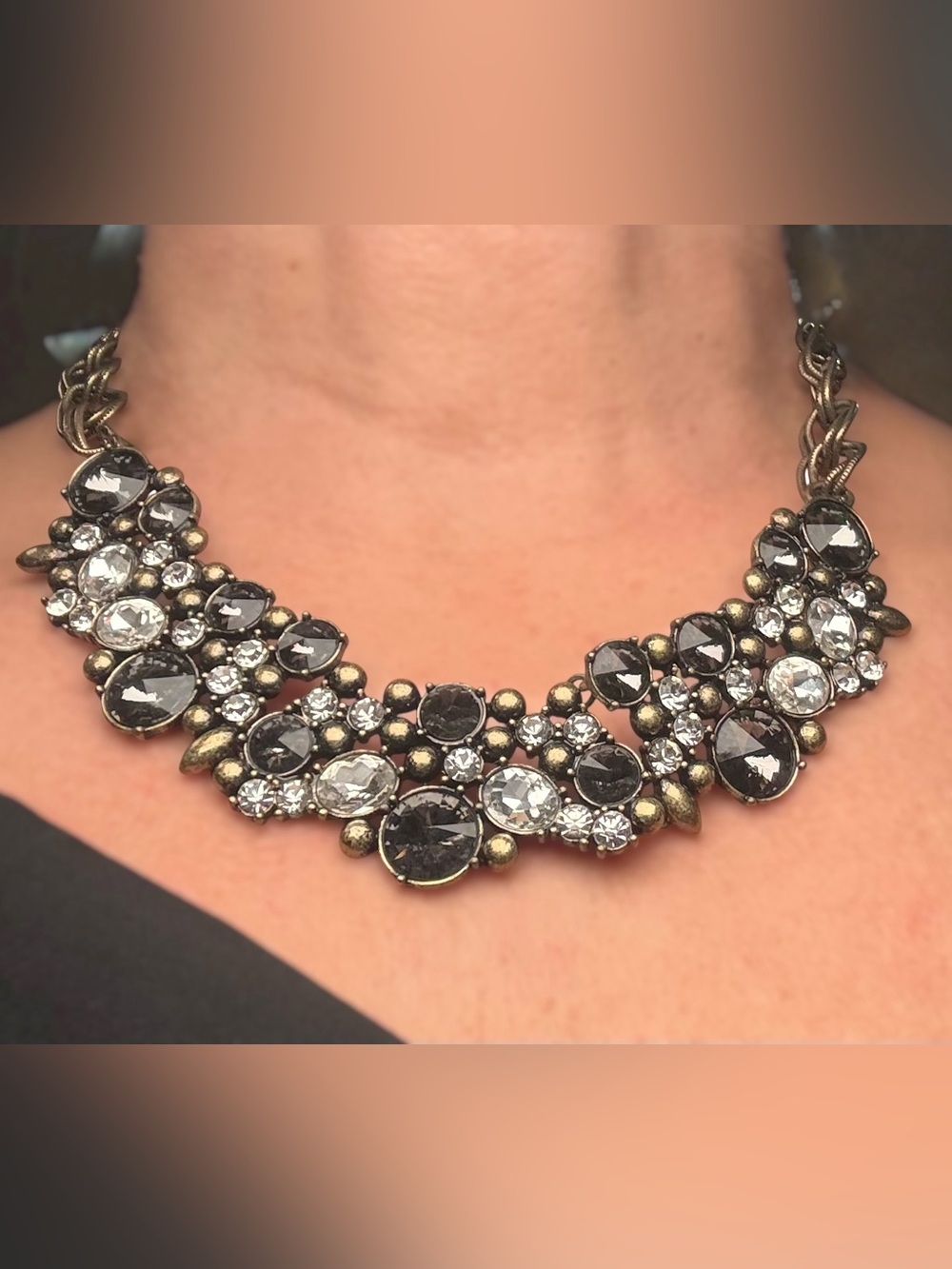 Premier Designs Black & Clear Crystal Statement Bib Necklace